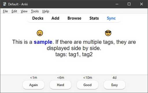 sample for display tagged emojis at the top of the card in anki